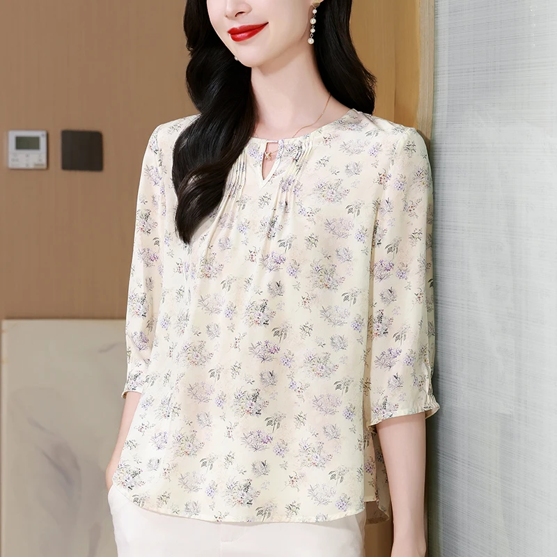 New Elegant Blouses for Women Summer Shirts V-neck Three Quarter Sleeve Woman Floral Print Blouse 100% Real Silk Shirt Loose
New Elegant Blouses for Women Summer Shirts V-neck Three Quarter Sleeve Woman Floral Print Blouse 100% Real Silk Shirt Loose