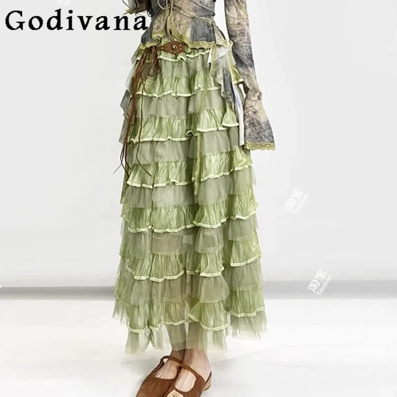 Spring Summer New Sweet Green High Waist Solid Color Elastic Waist Cake Skirt Gauze Ruffles French Versatile Long Dress Women
Spring Summer New Sweet Green High Waist Solid Color Elastic Waist Cake Skirt Gauze Ruffles French Versatile Long Dress Women