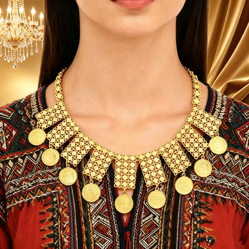 Gold Color Coins Tassel Choker Necklace Arab India Turkish Kurdish Ethnic Coin
Gold Color Coins Tassel Choker Necklace Arab India Turkish Kurdish Ethnic Coin
