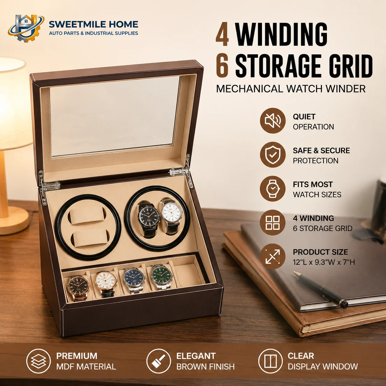 4 Winding 6 Storage Grid Mechanical Watch Winder Brown Watch Collector Case Clear Window 12x9.3x7 Inches MDF
4 Winding 6 Storage Grid Mechanical Watch Winder Brown Watch Collector Case Clear Window 12x9.3x7 Inches MDF