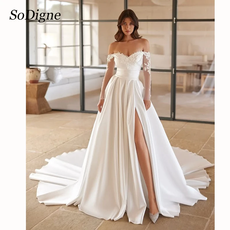 SoDigne A-line Off Shoulder Satin Wedding Dress Appliques Split Bride Dresses Women Bridal Gowns vestidos de novia Customized
SoDigne A-line Off Shoulder Satin Wedding Dress Appliques Split Bride Dresses Women Bridal Gowns vestidos de novia Customized