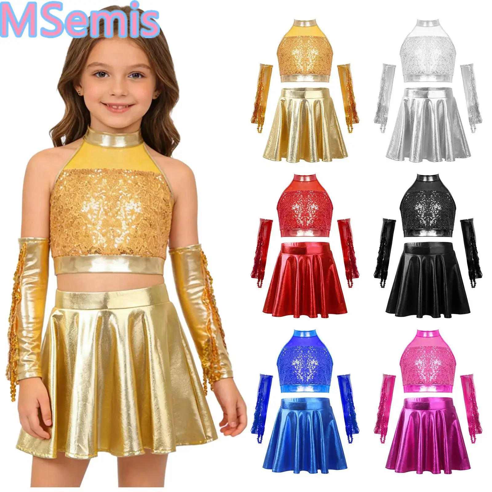 Kids Girls Jazz Dance Outfit Sleeveless Sparkly Sequins Crop Top with Metallic Flared Skirt And Sequined Tassels Gloves
Kids Girls Jazz Dance Outfit Sleeveless Sparkly Sequins Crop Top with Metallic Flared Skirt And Sequined Tassels Gloves
