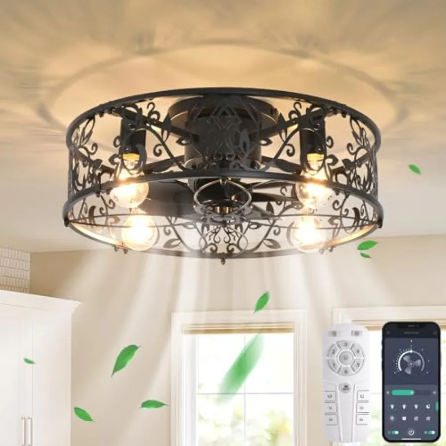 Caged ceiling fan with light for bedroom, kitchen, dining room: 20-inch flush mount bladeless fandelier in black metal with rem
Caged ceiling fan with light for bedroom, kitchen, dining room: 20-inch flush mount bladeless fandelier in black metal with rem