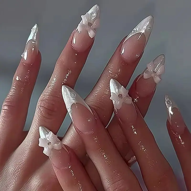 White Glitter Powder Bowknot Long Pointed Fake Nails Art Ballet False Nail Cow Print Pearl Rhinestone Pink Almond Press on Nails
White Glitter Powder Bowknot Long Pointed Fake Nails Art Ballet False Nail Cow Print Pearl Rhinestone Pink Almond Press on Nails