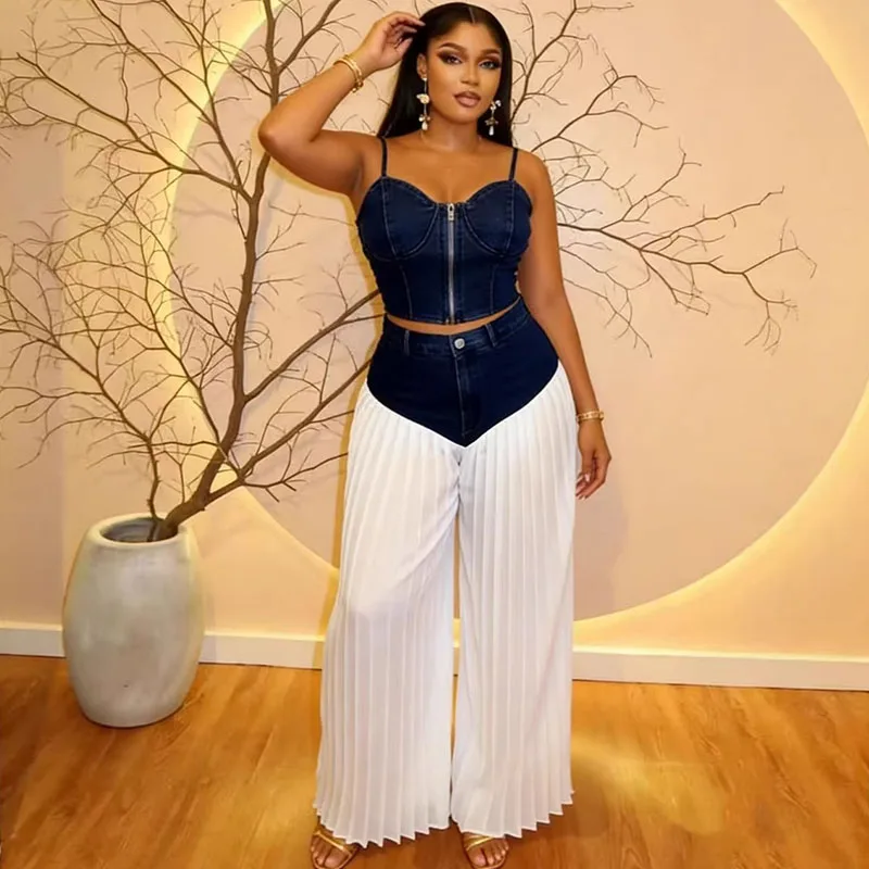 Sexy Denim Club Outfits for Woman 2 Piece Set Spaghetti Strap Zip Crop Top+ Chiffon Patchwork Ruched Wide Leg Pants Matching Set
Sexy Denim Club Outfits for Woman 2 Piece Set Spaghetti Strap Zip Crop Top+ Chiffon Patchwork Ruched Wide Leg Pants Matching Set