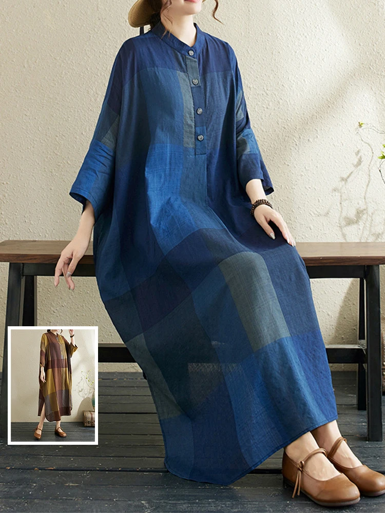 Свободное длинное платье из хлопка в клетку в стиле ретро, женское повседневное платье больших размеров с пуговицами, новое летнее платье 
Свободное длинное платье из хлопка в клетку в стиле ретро, женское повседневное платье больших размеров с пуговицами, новое летнее платье