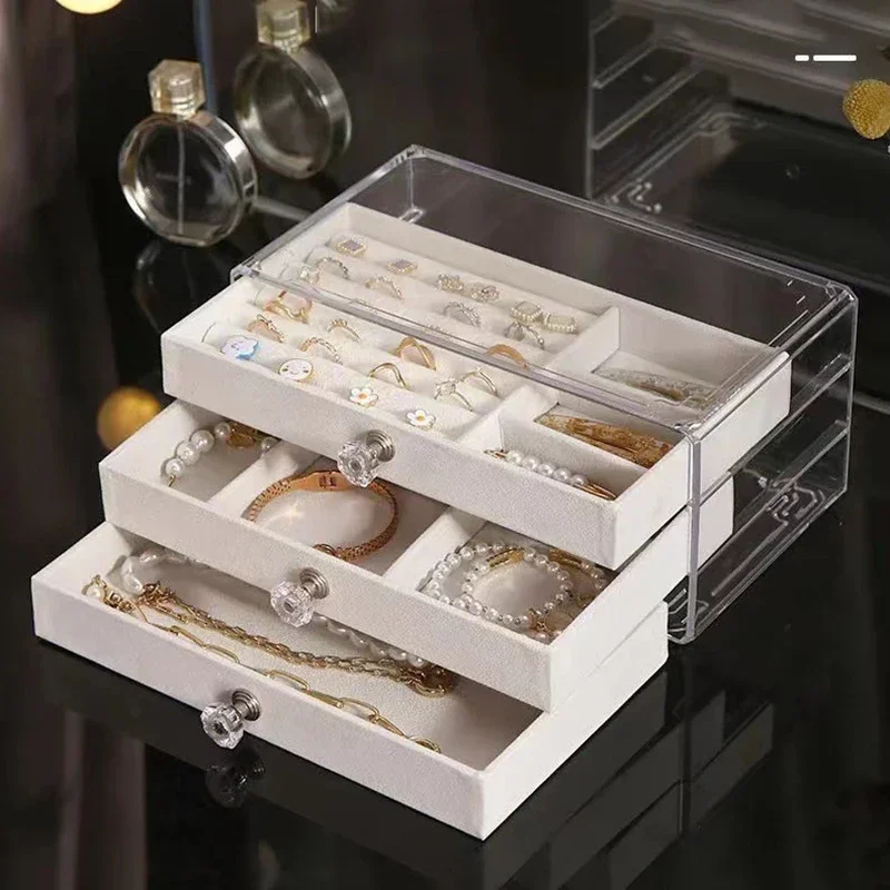 Elegant Three-Tier Velvet Jewelry Organizer with Large Drawer for Dust-Proof Display and Storage
Elegant Three-Tier Velvet Jewelry Organizer with Large Drawer for Dust-Proof Display and Storage