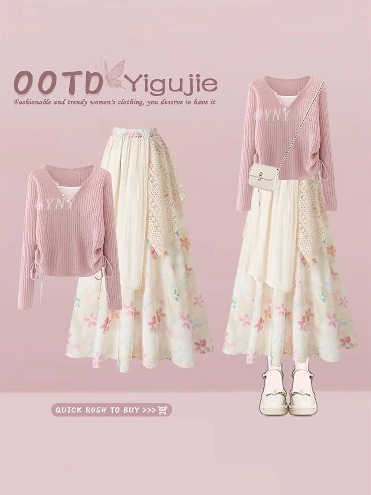 Spring Summer Pink Floral Hollow out Long Sleeve Knitted Top with High Waist Half Skirt Two Piece Set Women's Fashion Ensemble
Spring Summer Pink Floral Hollow out Long Sleeve Knitted Top with High Waist Half Skirt Two Piece Set Women's Fashion Ensemble