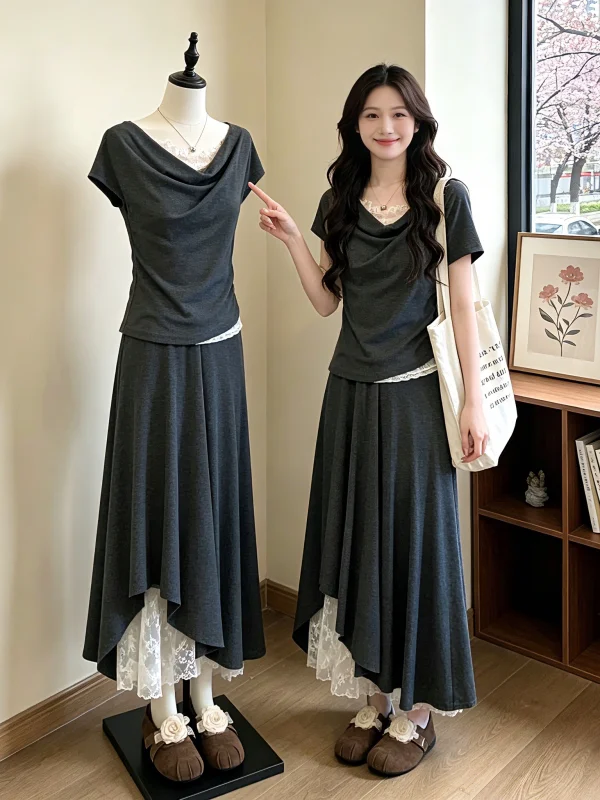 plus Size Women's Summer Fashion Set Lace Neckline Lazy Style Short Sleeve T-Shirt And Skirt Two-Piece Suit Casual Commute Wind
plus Size Women's Summer Fashion Set Lace Neckline Lazy Style Short Sleeve T-Shirt And Skirt Two-Piece Suit Casual Commute Wind