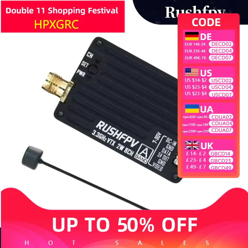RUSHFPV 2025 New 3.3GHz 2W VTX with SMA Circular Polarized Antenna Supports IRC Tramp Protocol for RC FPV Long Range Drone