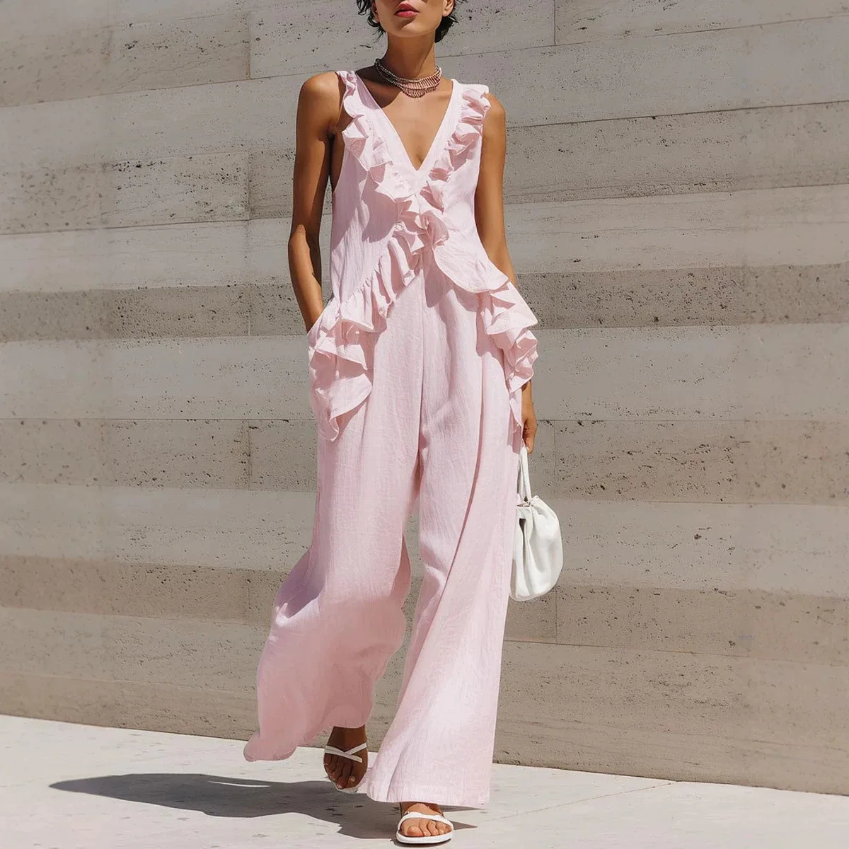 2026 Summer New Fashion V-neck Strap Ruffle Top Solid Color Pants Set
2026 Summer New Fashion V-neck Strap Ruffle Top Solid Color Pants Set