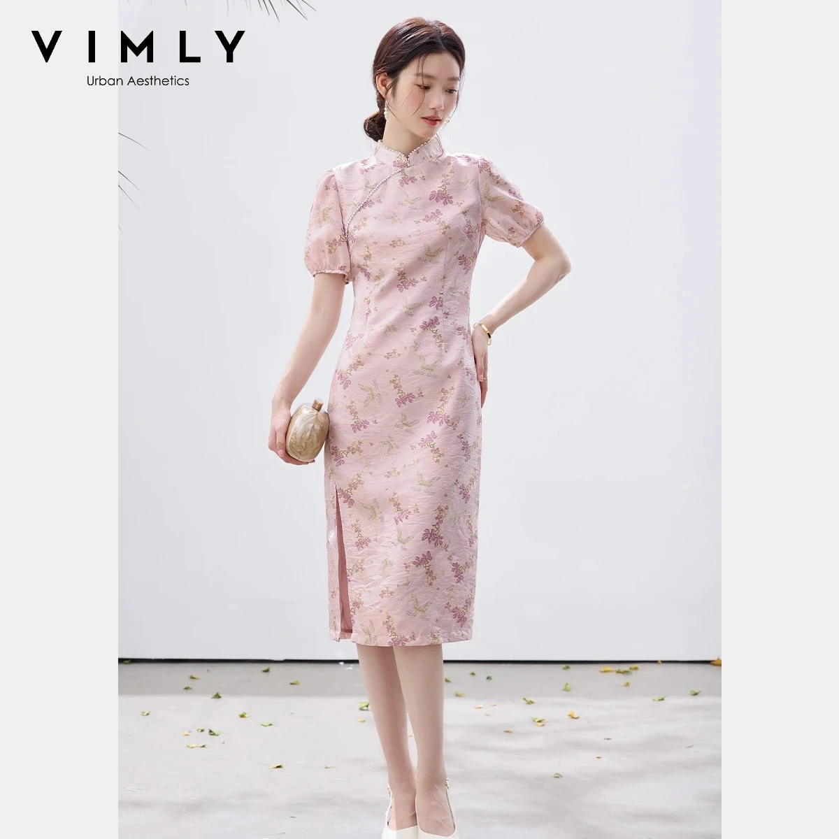 VIMLY Women's New Chinese Style Pink Floral Dress 2026 Summer Jacquard Textured Print Puff Short Sleeve Elegant Slim Dress A5198
VIMLY Women's New Chinese Style Pink Floral Dress 2026 Summer Jacquard Textured Print Puff Short Sleeve Elegant Slim Dress A5198
