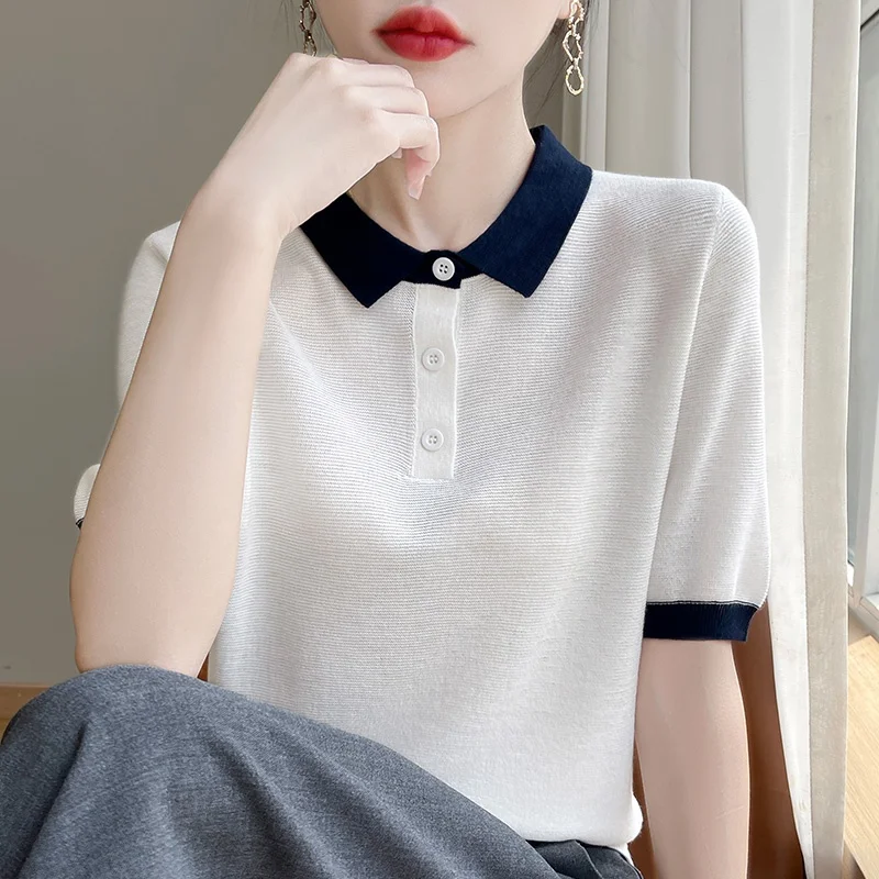 Loose Comfortable Thin Summer Ice Silk T-Shirt Women's Color Block Button Short Sleeve Classic Top Fashion Commute Style
Loose Comfortable Thin Summer Ice Silk T-Shirt Women's Color Block Button Short Sleeve Classic Top Fashion Commute Style
