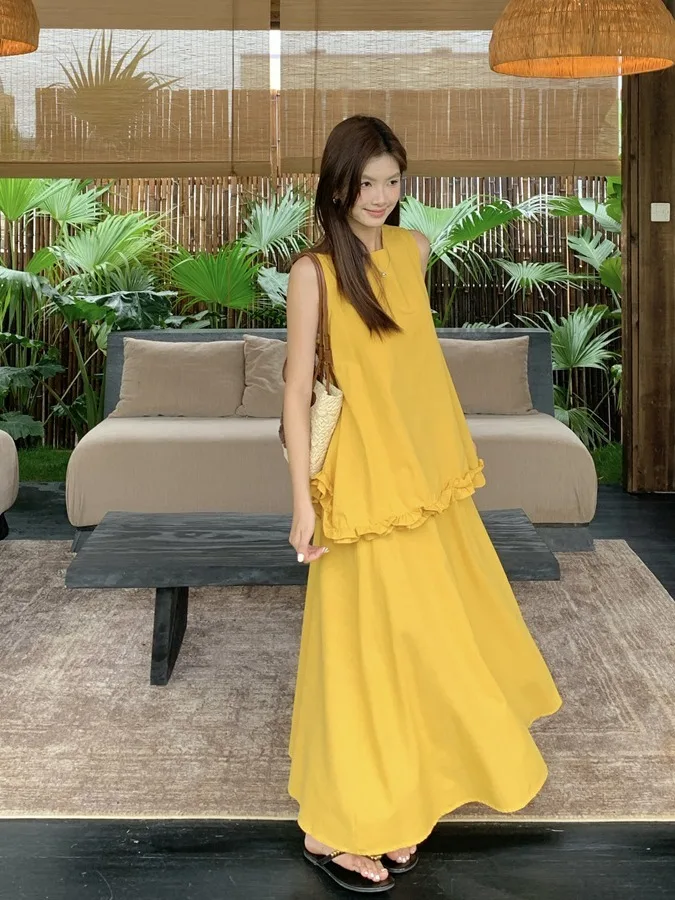 Summer Outfit Ele Vaion Sle f-length Skirt with Wood ain Irregular Top Women's Faion Two-piece Set
Summer Outfit Ele Vaion Sle f-length Skirt with Wood ain Irregular Top Women's Faion Two-piece Set