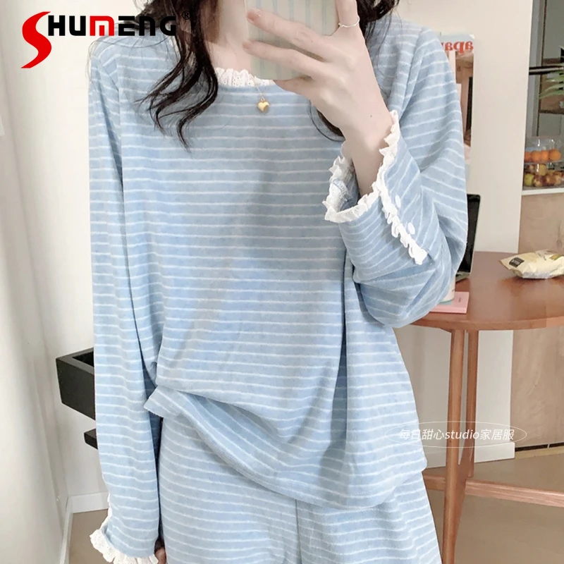Korean Lace Striped Thickened Pajamas for Women Autumn Winter Long Sleeve Homewear Set Female Sweet Pure Cotton Fleece Sleep Set
Korean Lace Striped Thickened Pajamas for Women Autumn Winter Long Sleeve Homewear Set Female Sweet Pure Cotton Fleece Sleep Set