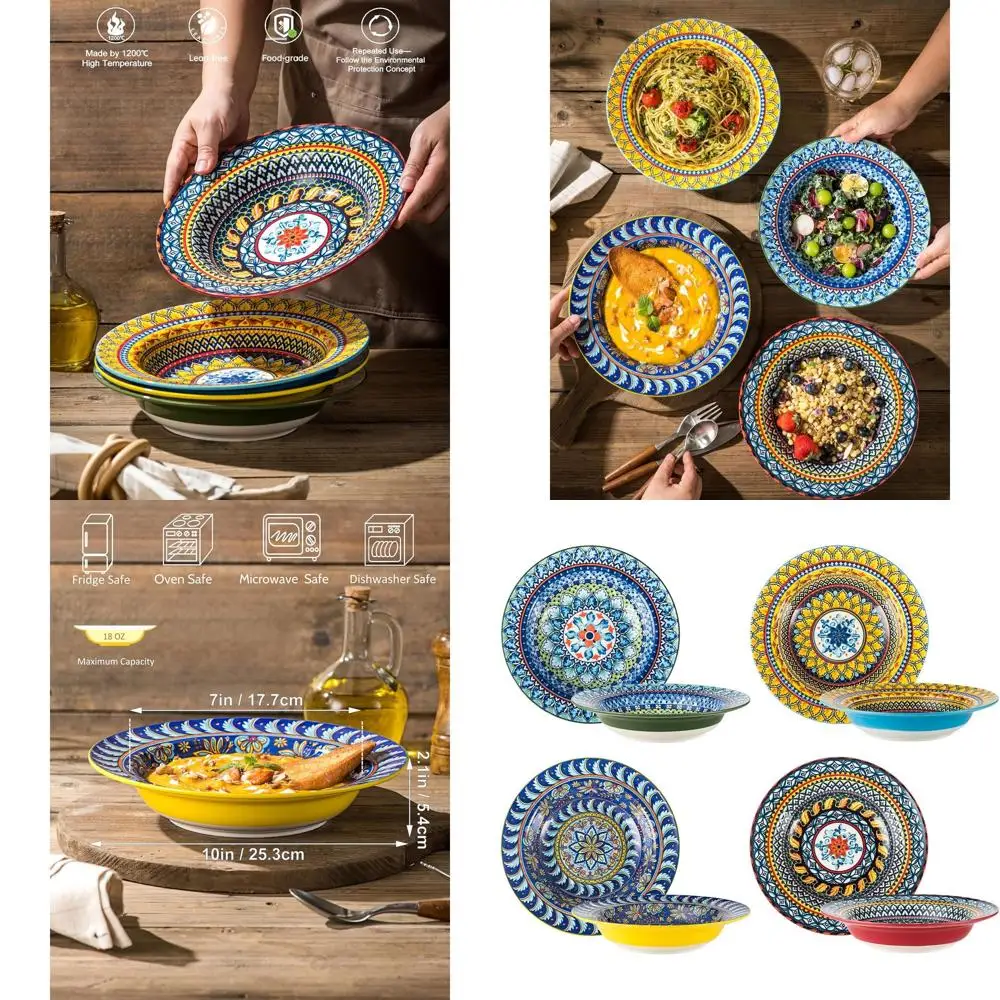 Set of 4 Porcelain Pasta & Soup Bowls - 18 Oz, Wide Rim Serving Dishes, Deep Dinner Plates, Microwave & Dishwasher Safe, Bohemia
Set of 4 Porcelain Pasta & Soup Bowls - 18 Oz, Wide Rim Serving Dishes, Deep Dinner Plates, Microwave & Dishwasher Safe, Bohemia
