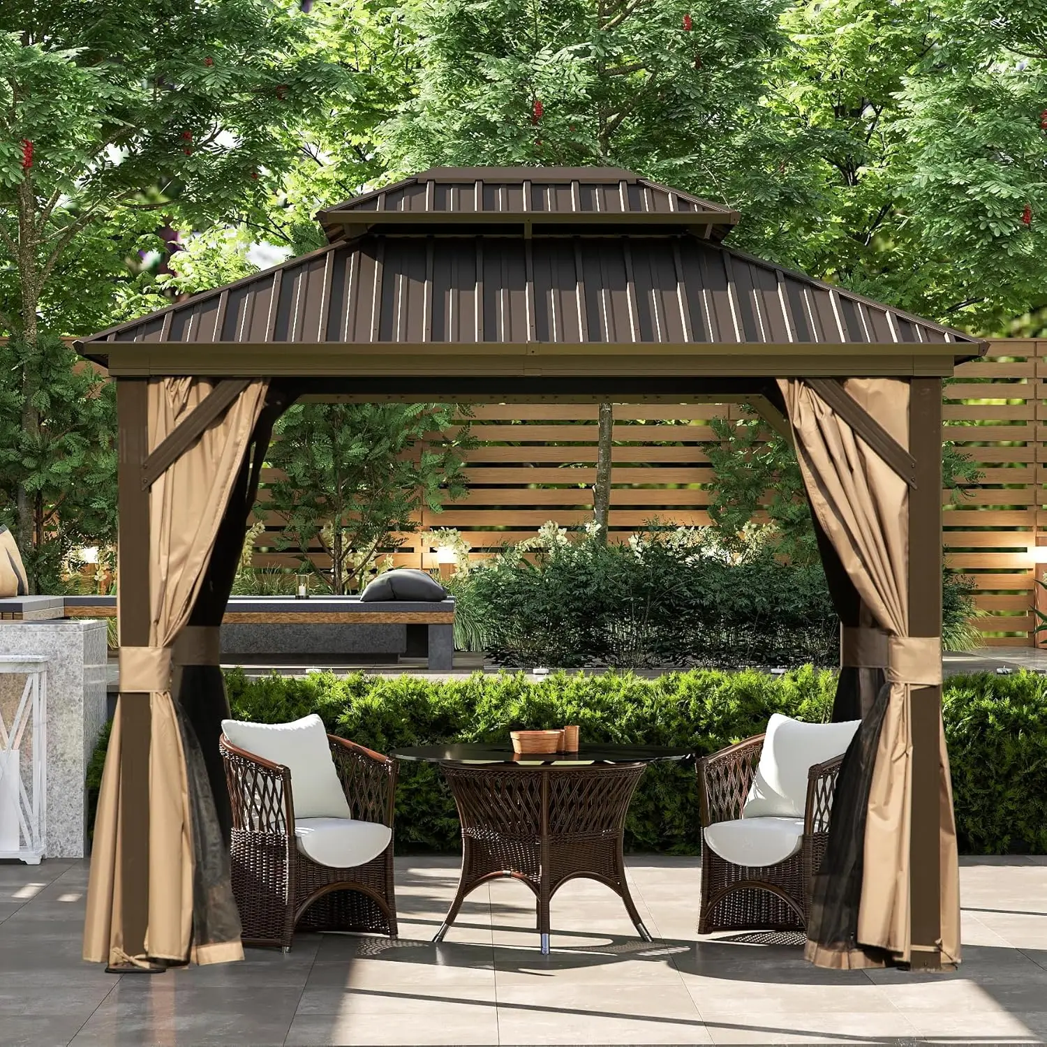 !@8'x10' Hardtop Gazebo Canopy with Netting & Curtains, Outdoor Metal Gazebo with Galvanized Steel Double Roof , Brown
!@8'x10' Hardtop Gazebo Canopy with Netting & Curtains, Outdoor Metal Gazebo with Galvanized Steel Double Roof , Brown
