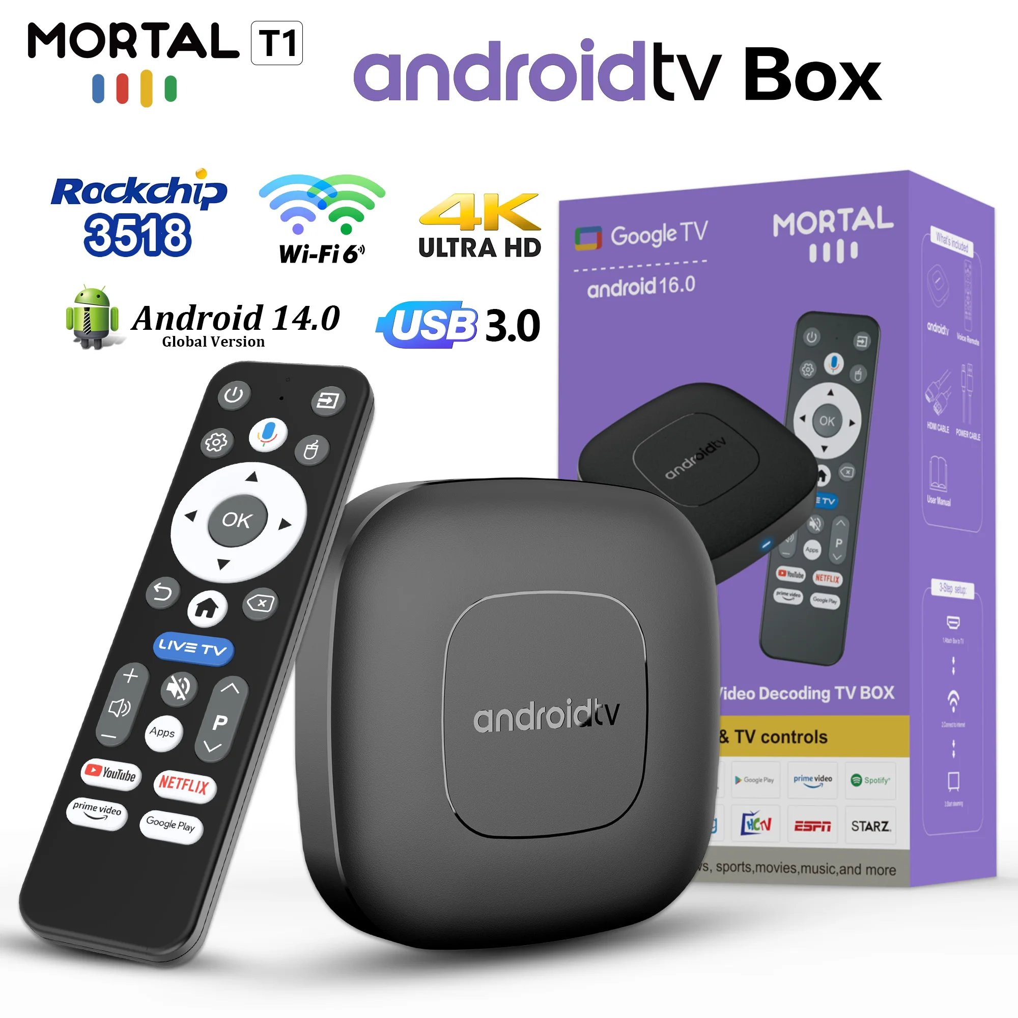 Mortal T1 TV Box Android 16 Google Assistant Voice Remote 4K HDR WiFi 6 2GB 16GB ROM RK3518 USB3.0 Home Theater Media Player
Mortal T1 TV Box Android 16 Google Assistant Voice Remote 4K HDR WiFi 6 2GB 16GB ROM RK3518 USB3.0 Home Theater Media Player