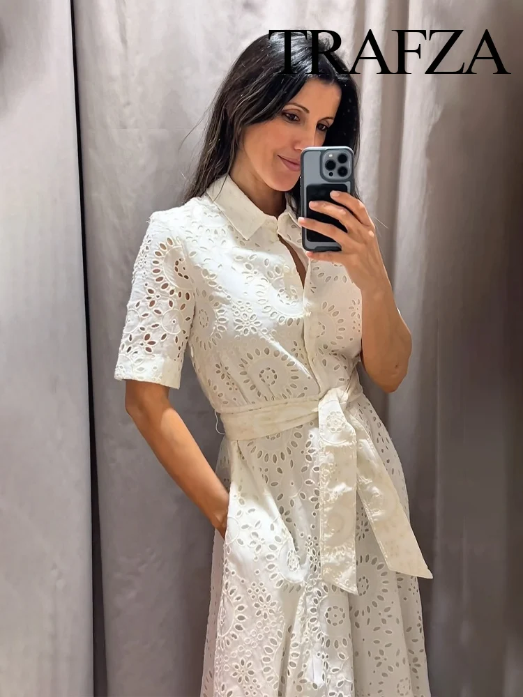 TRAFZA Women's Fashion Summer White Turn Down Collar Short Sleeve Long Dress Female Bow Lace-Up Single-Breasted Hollow Out Dress
TRAFZA Women's Fashion Summer White Turn Down Collar Short Sleeve Long Dress Female Bow Lace-Up Single-Breasted Hollow Out Dress