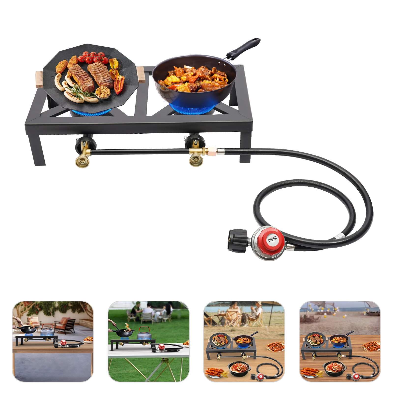 Portable Double Burner Outdoor Gas Stove Propane Cooker With Adjustable 0-10psi Regulator Hose For Patio Camping, BBQ
Portable Double Burner Outdoor Gas Stove Propane Cooker With Adjustable 0-10psi Regulator Hose For Patio Camping, BBQ