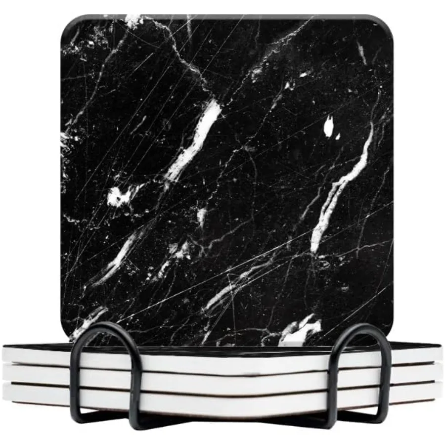 Drink Coasters Set of 4 Black Marble Square Water Absorbent Ceramic Coaster Tabletop Protection Non-Slip Cork Base with HolderS
Drink Coasters Set of 4 Black Marble Square Water Absorbent Ceramic Coaster Tabletop Protection Non-Slip Cork Base with HolderS
