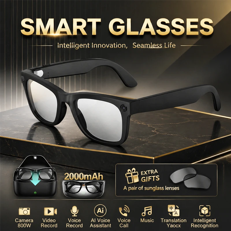 Smart Glasses 800W HD Camera Al Translator Assistant Intelligent Recognition 2000mAh Charging Case Surround Audio Smart Glasses
Smart Glasses 800W HD Camera Al Translator Assistant Intelligent Recognition 2000mAh Charging Case Surround Audio Smart Glasses
