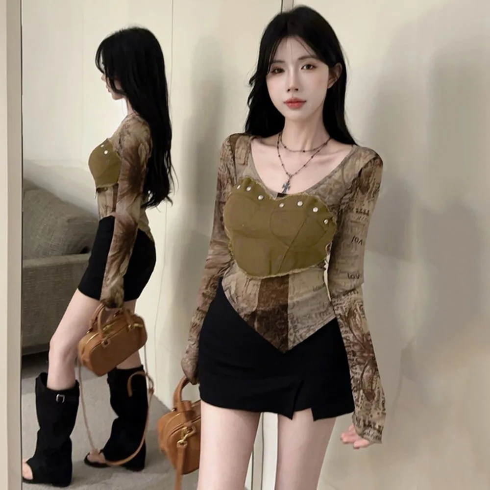 Women Raw Edge Denim Spliced Tie-Dye Mesh Irregular T-Shirt Vintage Sexy See Throgh Top Y2K Top Casual Holiday Club Streetwear
Women Raw Edge Denim Spliced Tie-Dye Mesh Irregular T-Shirt Vintage Sexy See Throgh Top Y2K Top Casual Holiday Club Streetwear