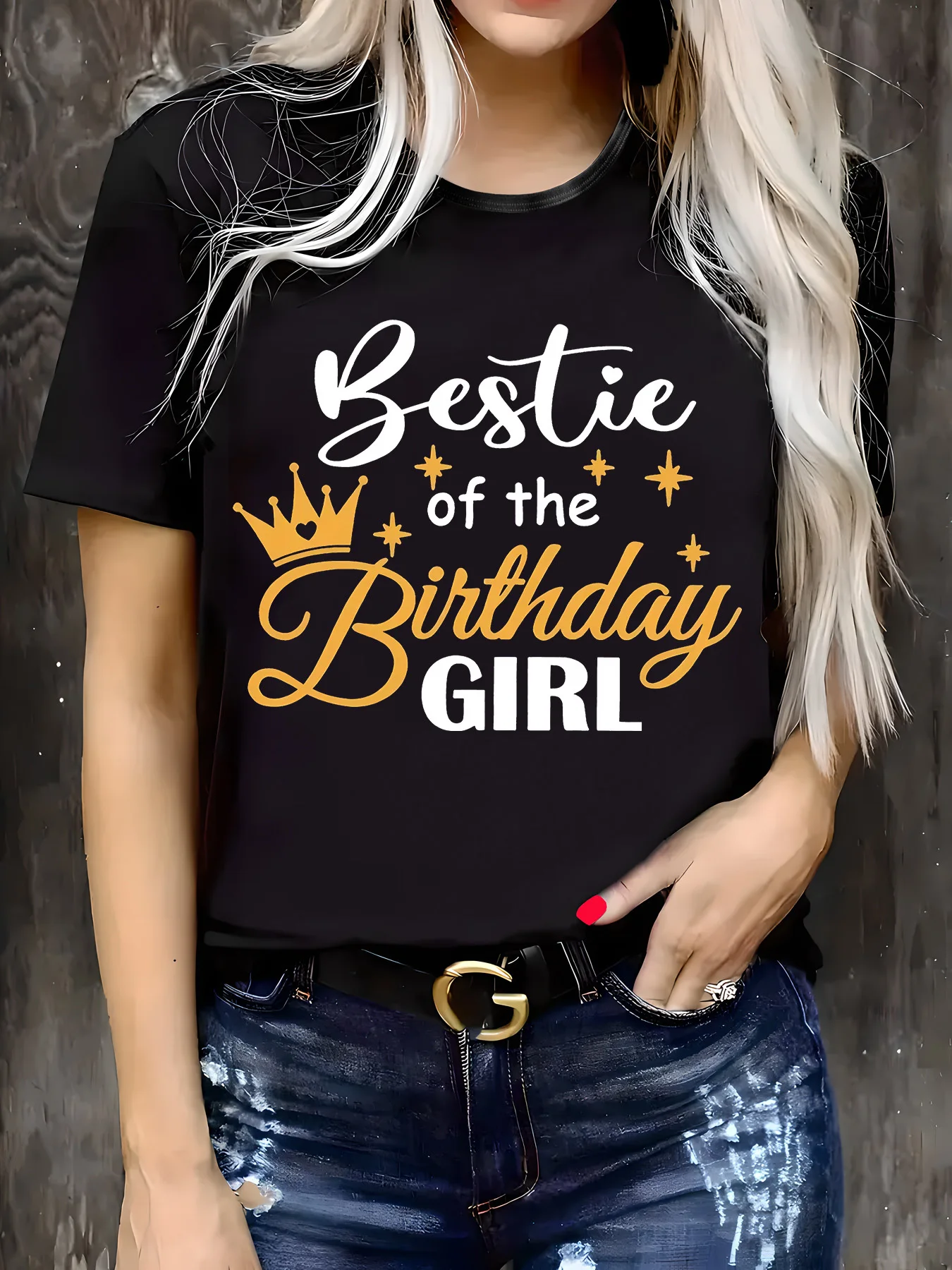 Женская черная футболка с коротким рукавом больших размеров, «Bestie of the Birthday Girl» и принт с короной, день рождения — вдохновленная и милая
Женская черная футболка с коротким рукавом больших размеров, «Bestie of the Birthday Girl» и принт с короной, день рождения — вдохновленная и милая