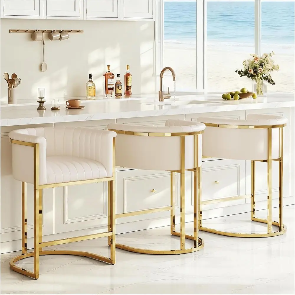 Set of 3 Counter Height Bar Stools with Backrest and Arms, Faux Leather Upholstery, Gold Stainless Steel/Base, Beige
Set of 3 Counter Height Bar Stools with Backrest and Arms, Faux Leather Upholstery, Gold Stainless Steel/Base, Beige