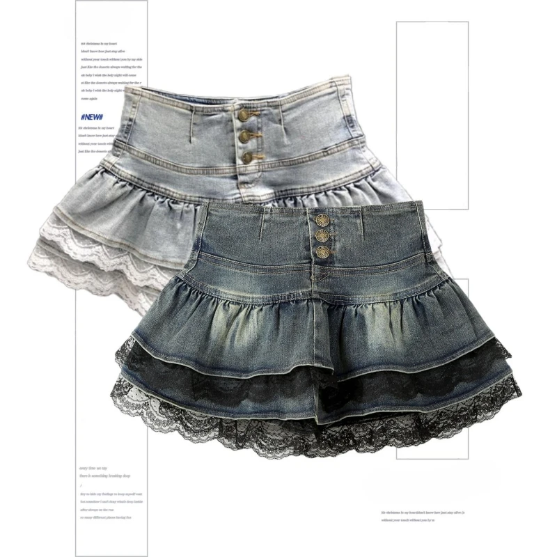 Woman Vintage Denim Pleated Skirt Lace Fold Design A-line Short Skirt Built in Shorts American Spicy Girl Korea Fashion Hotsweet
Woman Vintage Denim Pleated Skirt Lace Fold Design A-line Short Skirt Built in Shorts American Spicy Girl Korea Fashion Hotsweet