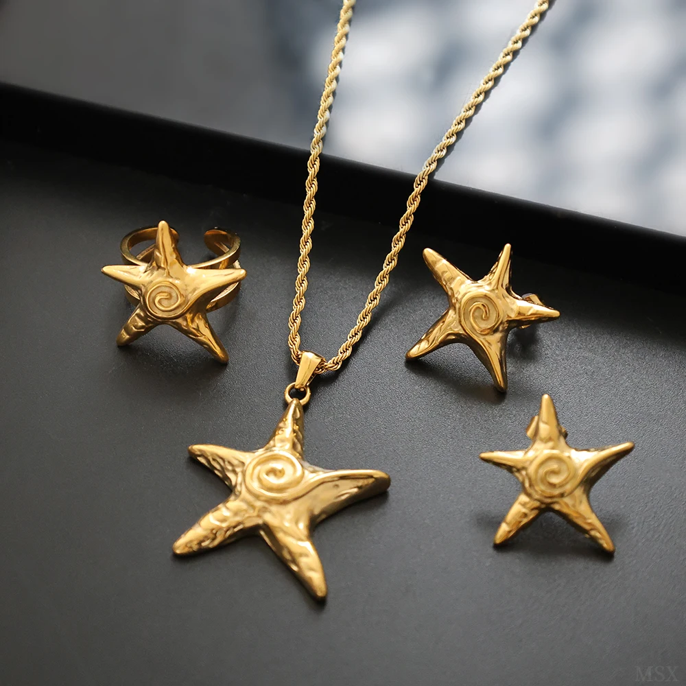 JOVO LOVE Chic Creative Design Starfish Pendant Stainless Steel Necklace Earrings and Open Ring Beach Summer Style Jewelry Sets
JOVO LOVE Chic Creative Design Starfish Pendant Stainless Steel Necklace Earrings and Open Ring Beach Summer Style Jewelry Sets