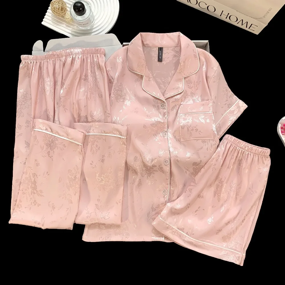 Ice Silk Pajamas Woman Summer Night Wear Ladies Chest Pads Sleepwear Short Sleeve Nightwear for Woman Three-Piece Home Clothing
Ice Silk Pajamas Woman Summer Night Wear Ladies Chest Pads Sleepwear Short Sleeve Nightwear for Woman Three-Piece Home Clothing