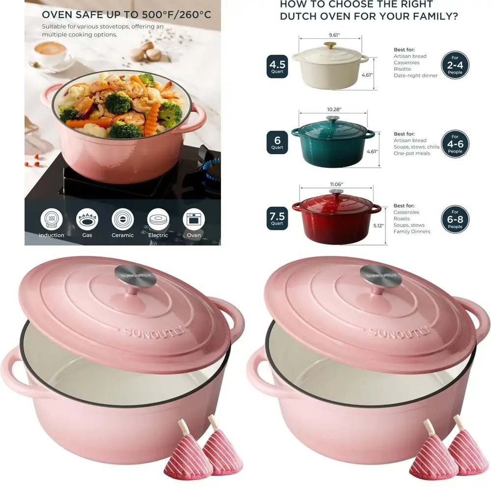 6-Quart Non-Stick Enamel Cast Iron Dutch Oven with Lid and Cotton Potholders - Perfect for Braising, Stews, Roasting, Baking on
6-Quart Non-Stick Enamel Cast Iron Dutch Oven with Lid and Cotton Potholders - Perfect for Braising, Stews, Roasting, Baking on
