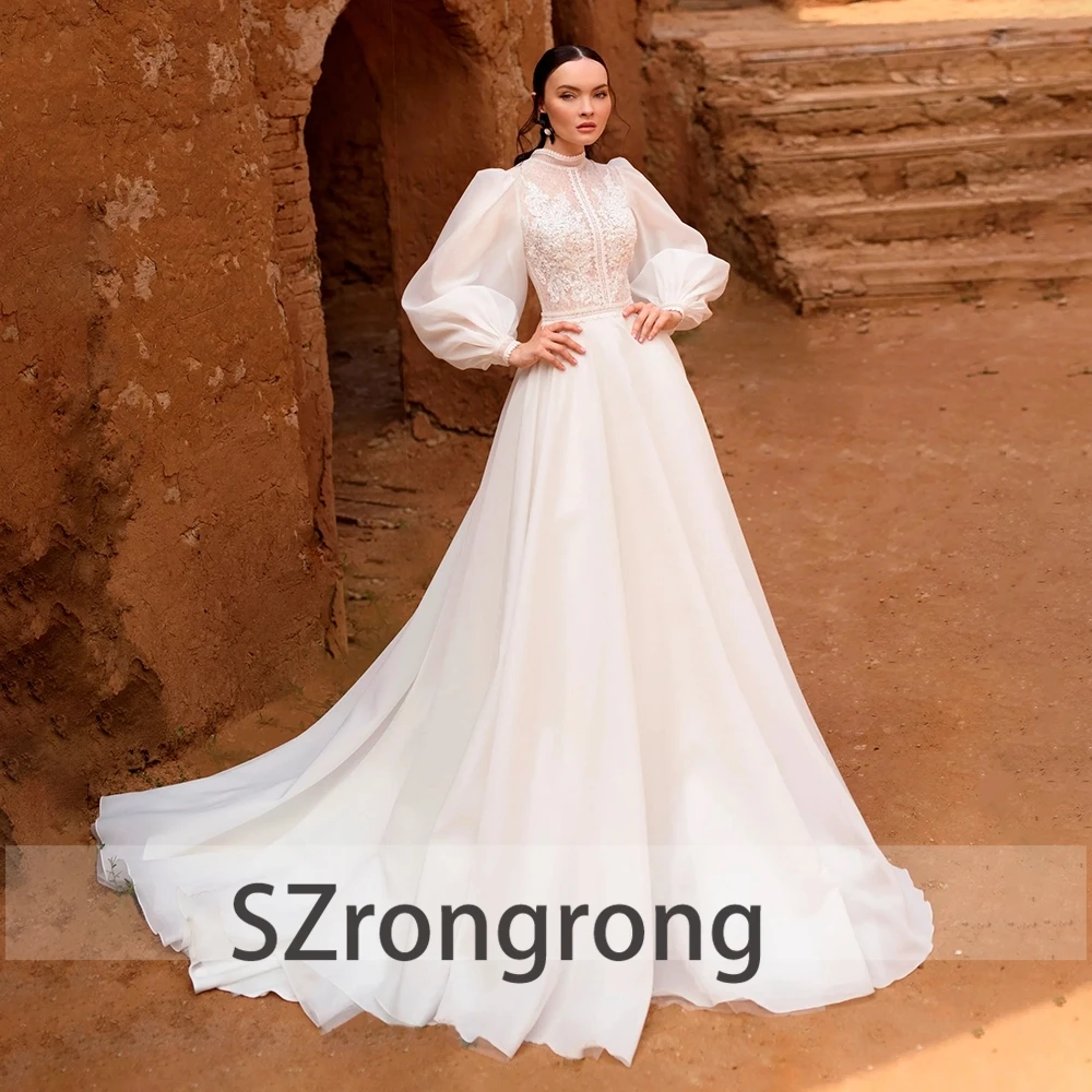 Wedding Gown High Neck Long Puff Sleeve Organza Lace Wedding Dress A-line Boho Floor Length Bridal Dress with Train
Wedding Gown High Neck Long Puff Sleeve Organza Lace Wedding Dress A-line Boho Floor Length Bridal Dress with Train