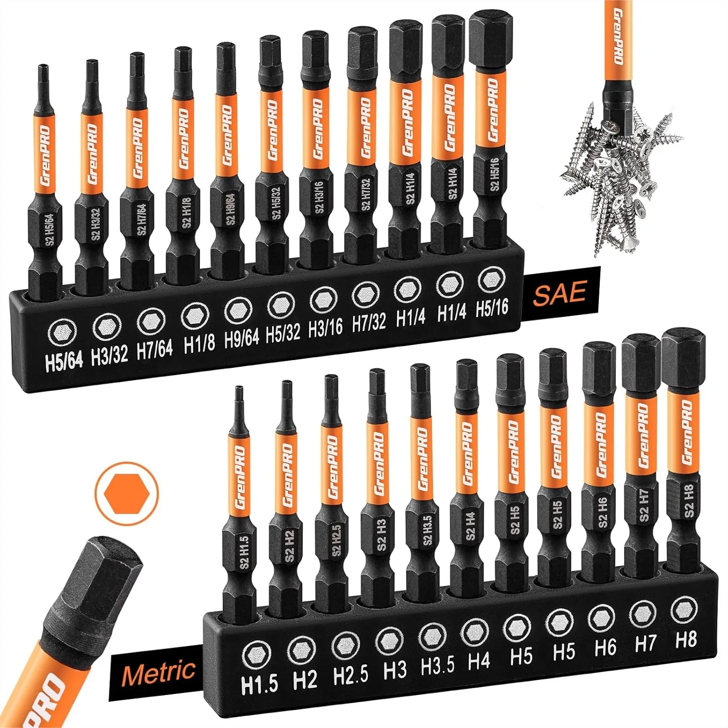 22pc Allen Wrench Drill Bit Set, 2" Long Metric & SAE Hex Bit Set with Magnetic 1/4" Hex Shank for Impact Driver
22pc Allen Wrench Drill Bit Set, 2" Long Metric & SAE Hex Bit Set with Magnetic 1/4" Hex Shank for Impact Driver