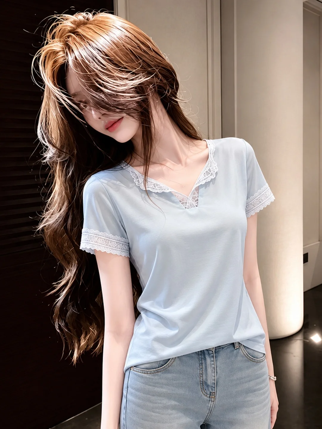 Korean Style Short Sleeve T-Shirt Lace Patchwork Design Casual Versatile Women's Top Summer 2026 Fashionable Age-Defying
Korean Style Short Sleeve T-Shirt Lace Patchwork Design Casual Versatile Women's Top Summer 2026 Fashionable Age-Defying