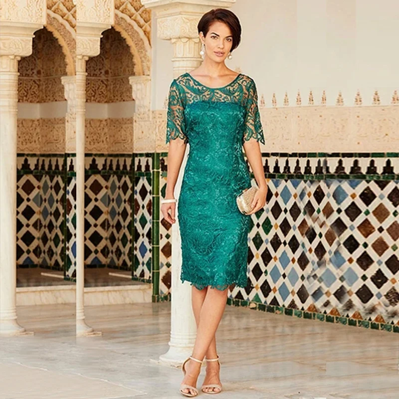 Elegant Latest Dark Green Knee Length Lace Mother of the Bride Dresses Jewel Neck Half Sleeve Wedding Party Gowns Short 2021
Elegant Latest Dark Green Knee Length Lace Mother of the Bride Dresses Jewel Neck Half Sleeve Wedding Party Gowns Short 2021