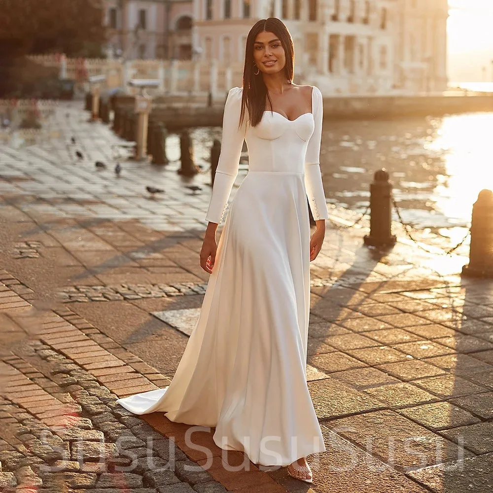 Simple Sweetheart Full Sleeves Wedding Dresses Backless Sweep Train Soft Satin Bridal Gown A Line Robe De Mariée For Women 2023
Simple Sweetheart Full Sleeves Wedding Dresses Backless Sweep Train Soft Satin Bridal Gown A Line Robe De Mariée For Women 2023