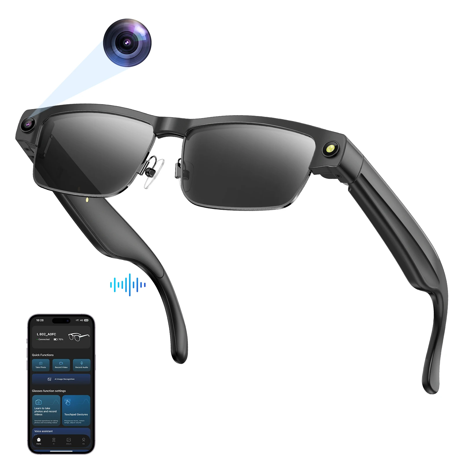 L802 AI Smart Glasses with 8MP Camera, Bluetooth Calls, Translation, Music Control, WiFi Video Recording, 270mAh
L802 AI Smart Glasses with 8MP Camera, Bluetooth Calls, Translation, Music Control, WiFi Video Recording, 270mAh