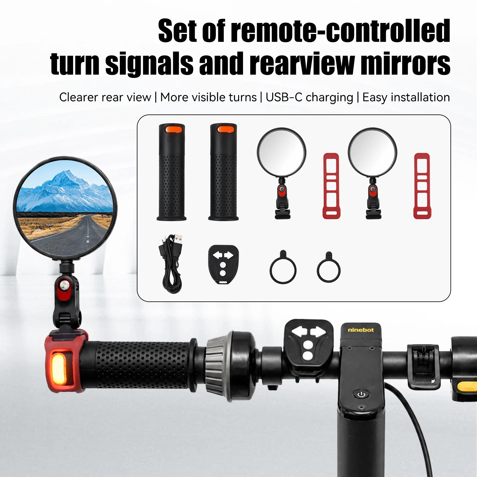 Universal Scooter Handlebar Grips with Turn Signals & Rearview Mirrors (Compatible with M365/1S/PRO, Segway-Ninebot MAX G30/F30/
Universal Scooter Handlebar Grips with Turn Signals & Rearview Mirrors (Compatible with M365/1S/PRO, Segway-Ninebot MAX G30/F30/