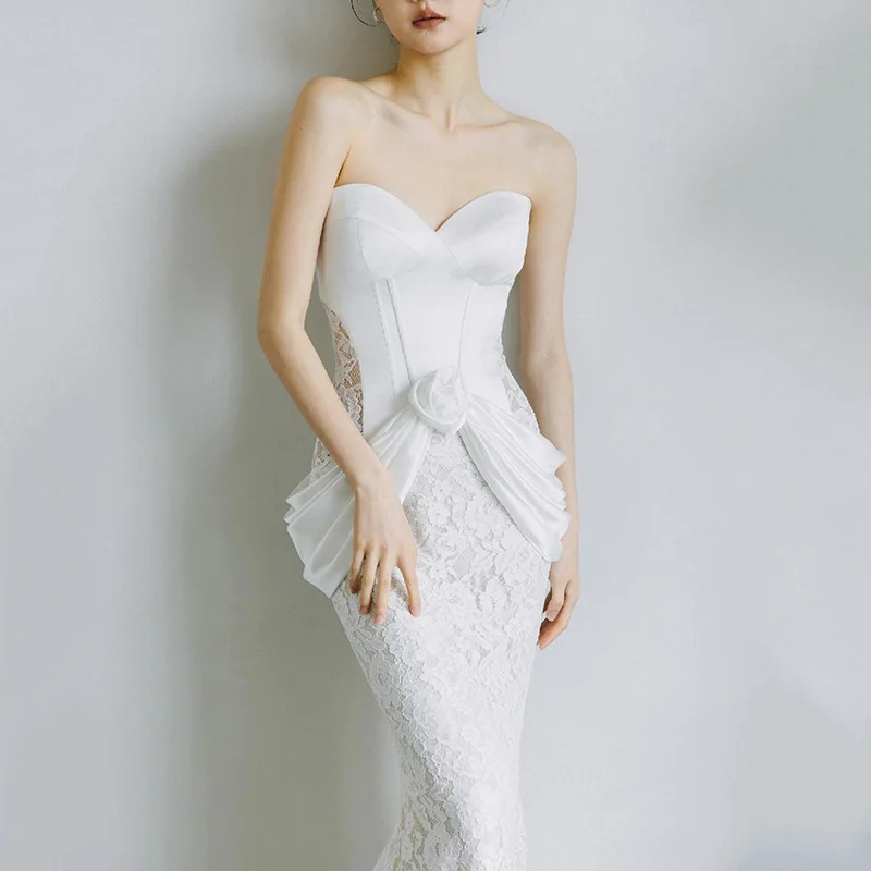 French Style Light Wedding Dress Bride Simple Strapless Forest Style Outdoor Gown Vintage High-End White Mermaid Lace Dress
French Style Light Wedding Dress Bride Simple Strapless Forest Style Outdoor Gown Vintage High-End White Mermaid Lace Dress