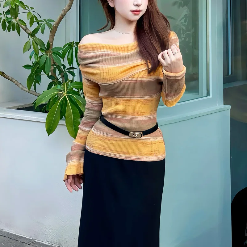 Sexy Off Shoulder Knitted Sweater Women Slim Long Sleeve Contrast Striped Pullover Jumper
Sexy Off Shoulder Knitted Sweater Women Slim Long Sleeve Contrast Striped Pullover Jumper