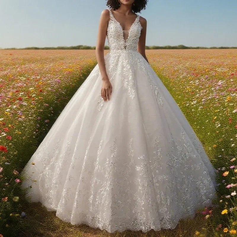 Customized Deep V Neck Lace For Women Indian Bride Princess Ivory Bridal Bouquet Gown Sleeveless Wedding Dress
Customized Deep V Neck Lace For Women Indian Bride Princess Ivory Bridal Bouquet Gown Sleeveless Wedding Dress