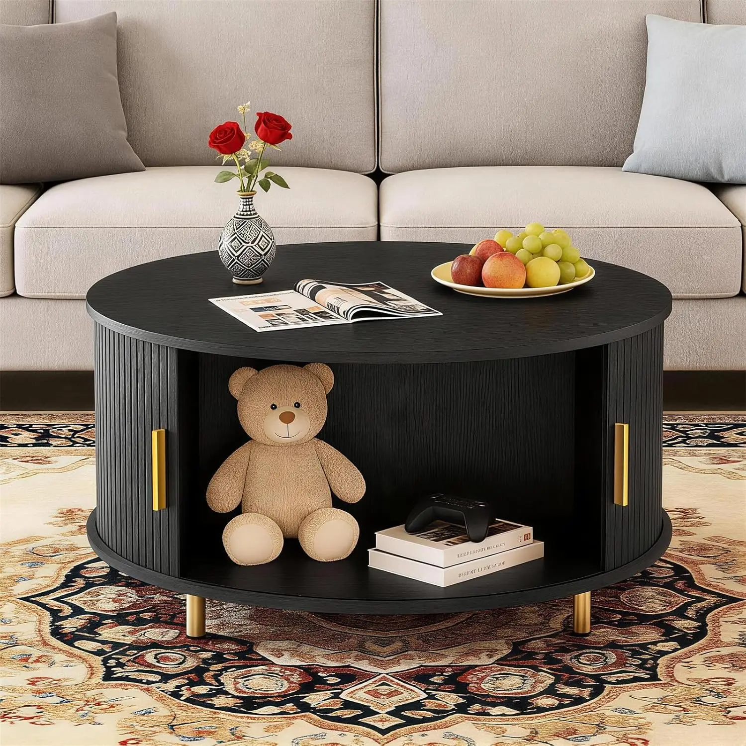 31.5-inch Round Mid Century Modern Coffee Table with 360° Sliding Tambour Door, Fluted Accent and Storage in Black
31.5-inch Round Mid Century Modern Coffee Table with 360° Sliding Tambour Door, Fluted Accent and Storage in Black