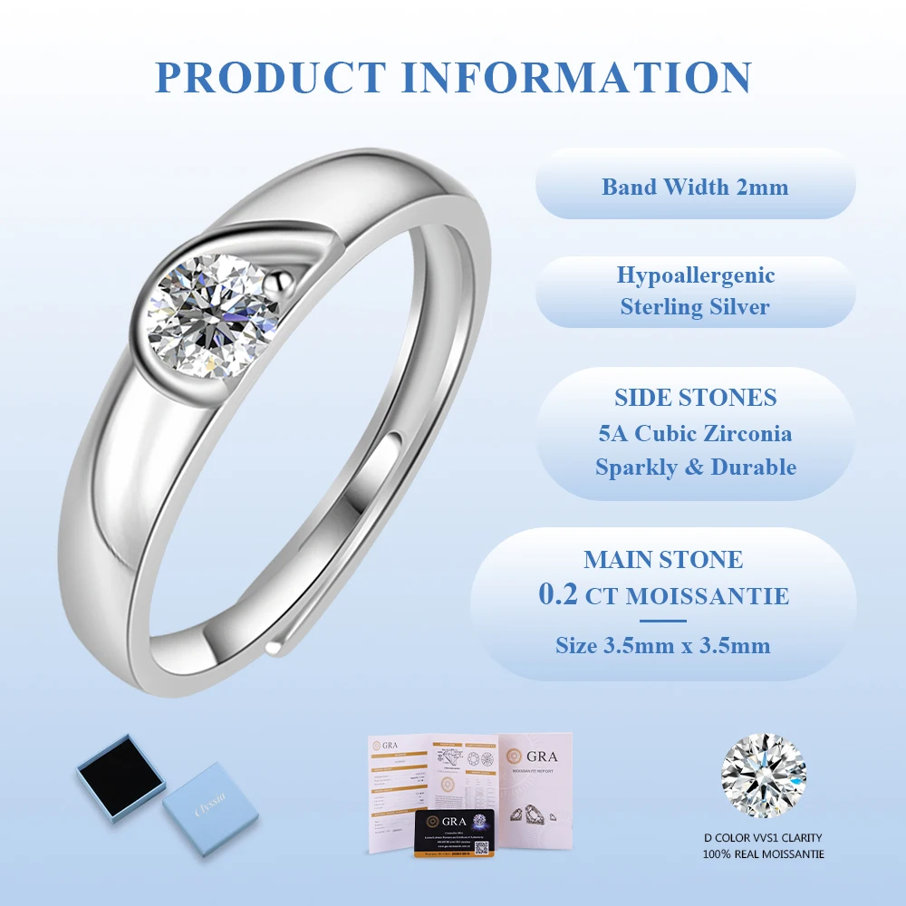 Кольцо CLYSSIA для пары, 100% стерлинговое серебро 925 пробы, 0,2 карата, цвет D, кольца с муассанитом и бриллиантами, свадебное кольцо вечности, ювелирные изделия
Кольцо CLYSSIA для пары, 100% стерлинговое серебро 925 пробы, 0,2 карата, цвет D, кольца с муассанитом и бриллиантами, свадебное кольцо вечности, ювелирные изделия