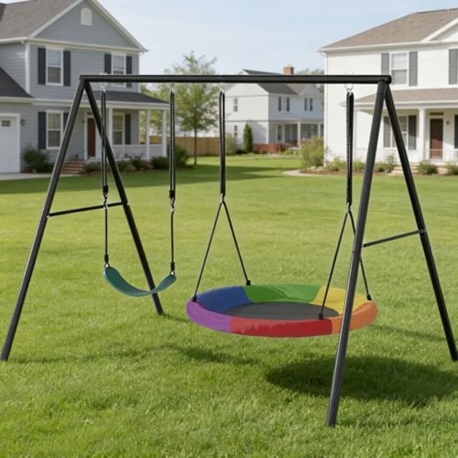 Backyard outdoor playground equipment: heavy duty metal swing frame set 440lbs capacity,saucer belt swings, adjustable height,
Backyard outdoor playground equipment: heavy duty metal swing frame set 440lbs capacity,saucer belt swings, adjustable height,