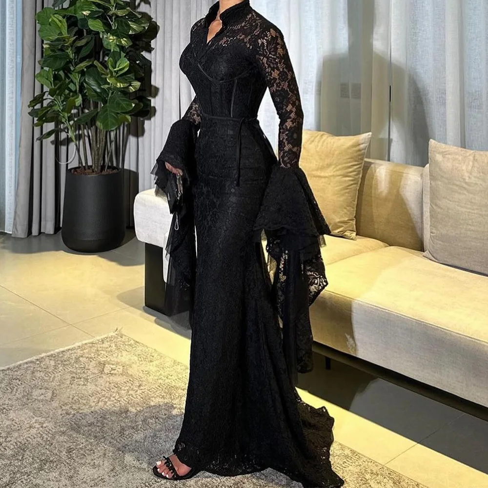 Customized Exquisite Mermaid Black Lace High Collar Evening Dress Classic Long Flare Sleeves Sweep Train Special Occasion Gowns
Customized Exquisite Mermaid Black Lace High Collar Evening Dress Classic Long Flare Sleeves Sweep Train Special Occasion Gowns