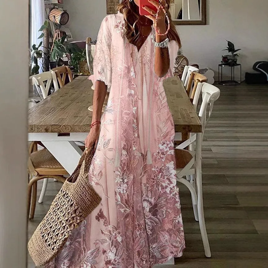 Printed short-sleeved dress with irregular lace, women's long dress, fashionable, simple and elegant temperament, high-end vacat
Printed short-sleeved dress with irregular lace, women's long dress, fashionable, simple and elegant temperament, high-end vacat