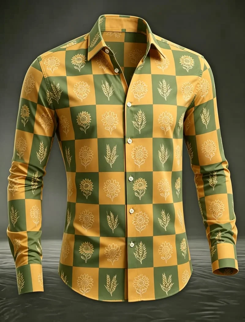 Men's checkerboard floral print long sleeved shirt, suitable for beach travel, vacation, and casual tropical style dressing
Men's checkerboard floral print long sleeved shirt, suitable for beach travel, vacation, and casual tropical style dressing