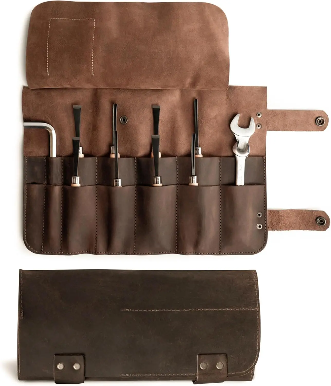 Snap Tool Roll Up Bag with 14 Slots, Portable Leather Carry Case for Barbers and Salon Storage Organizer Pouch
Snap Tool Roll Up Bag with 14 Slots, Portable Leather Carry Case for Barbers and Salon Storage Organizer Pouch